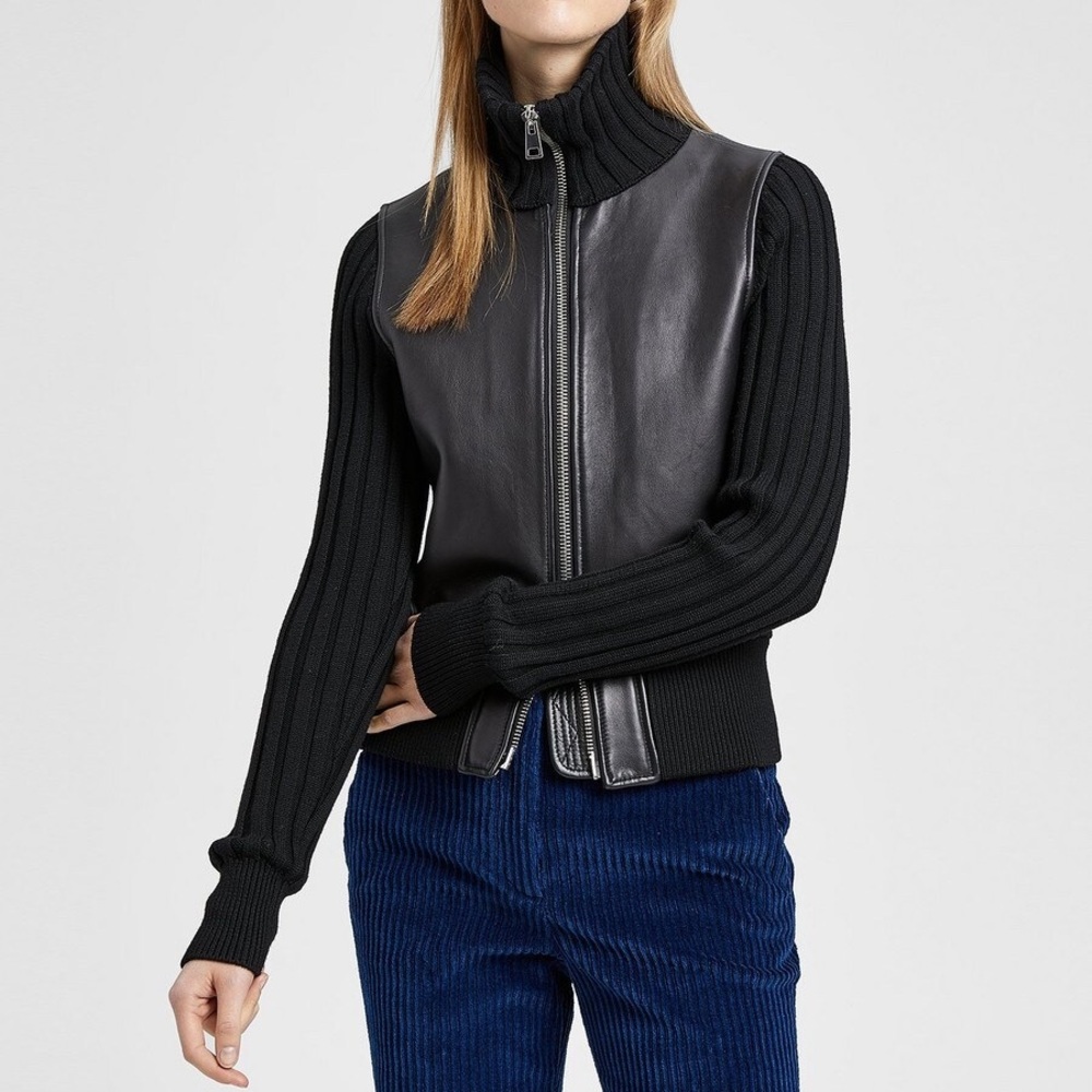 Theory Leather Ribbed Moto Stand Collar Jacket Small NWOT